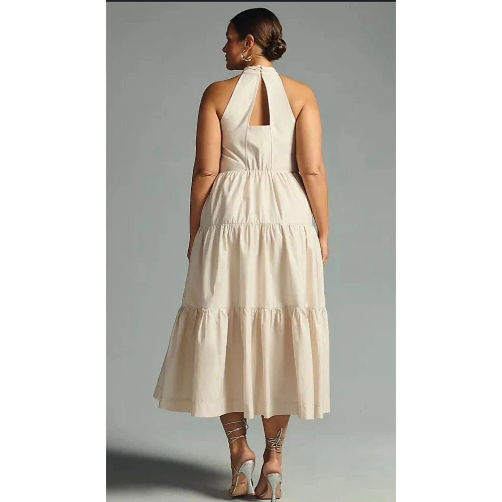 Anthropologie Maeve Midi Dress Women Halter Tired Preppy Cotton Flowy Sz 14 New